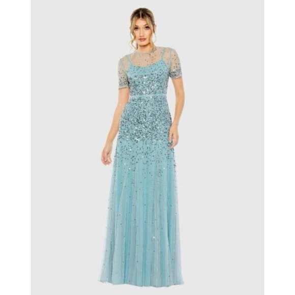 MAC DUGGAL Size 2 Slate Blue HIGH NECK SHORT SLEEVE SEQUIN EMBELLISHED DRESS - Picture 1 of 10